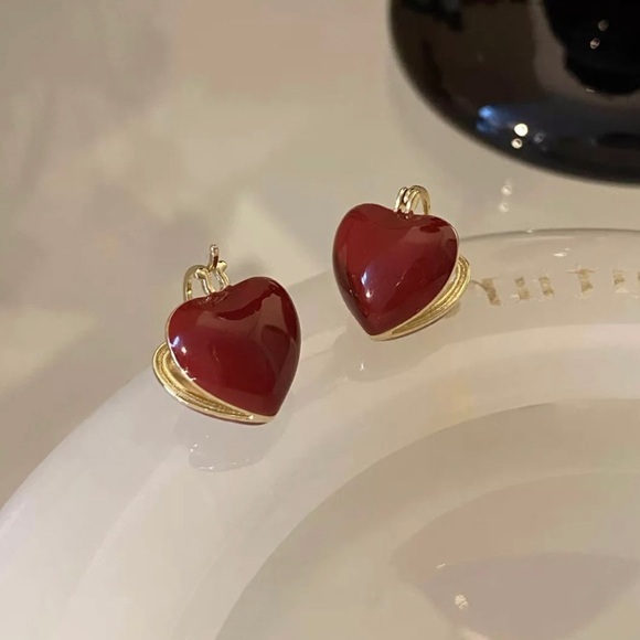 18k Gold Plated Red French Girl Heart Earrings - Picture 2 of 7
